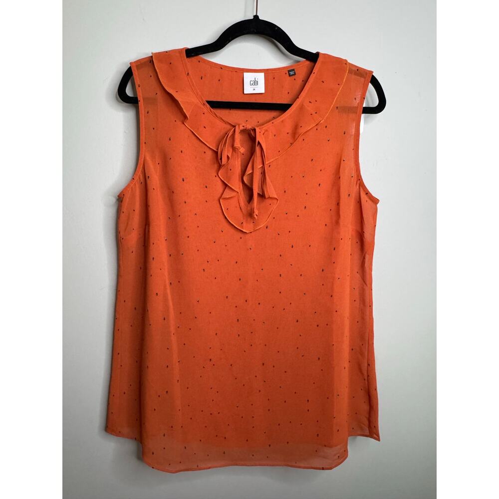 Cabi Women’s Orange Polka Dot Ruffle Sleeveless Double Layer Blouse Size Medium